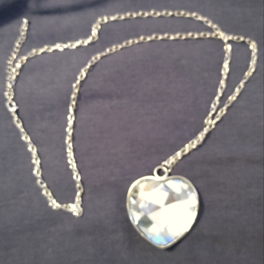 3 for💲25🌟clear glass stone giant big bling HEART pendant necklace silver-tone